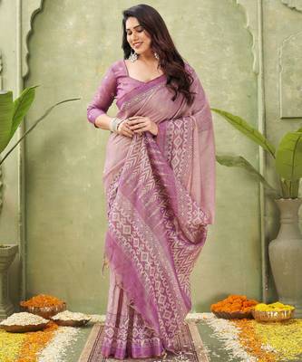 pink beautiful designer ikkat printed jute linen saree 4
