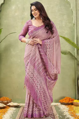 pink beautiful designer ikkat printed jute linen saree