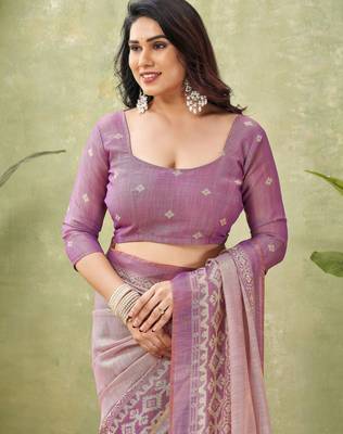 pink beautiful designer ikkat printed jute linen saree 5