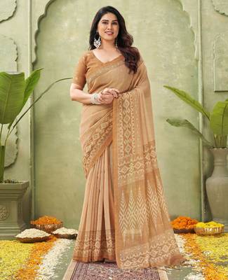 orange beautiful designer ikkat printed jute linen saree 1