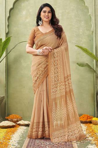 orange beautiful designer ikkat printed jute linen saree