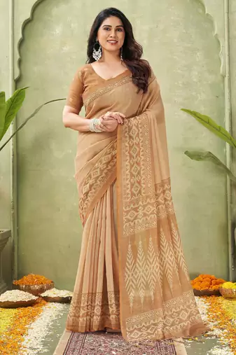orange beautiful designer ikkat printed jute linen saree