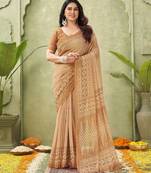 orange beautiful designer ikkat printed jute linen saree