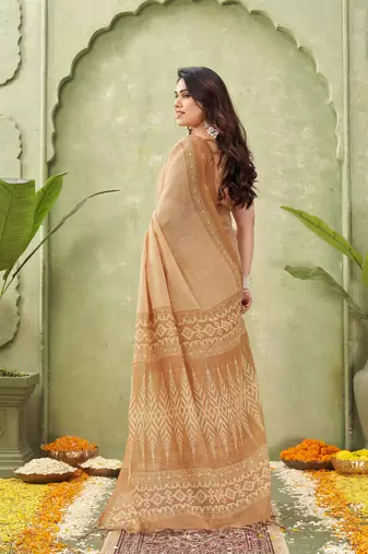 orange beautiful designer ikkat printed jute linen saree