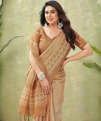 orange beautiful designer ikkat printed jute linen saree 3