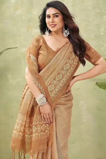 orange beautiful designer ikkat printed jute linen saree