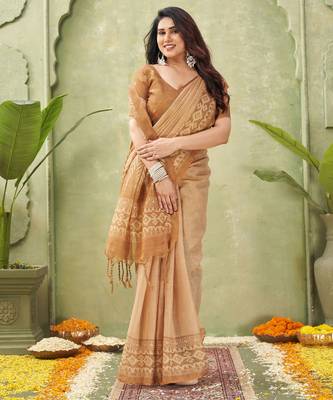 orange beautiful designer ikkat printed jute linen saree 4