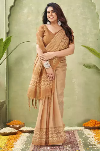 orange beautiful designer ikkat printed jute linen saree