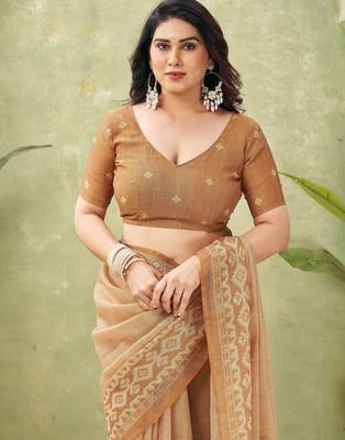 orange beautiful designer ikkat printed jute linen saree 5