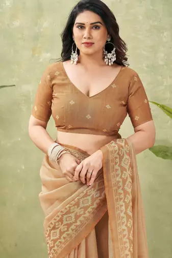 orange beautiful designer ikkat printed jute linen saree