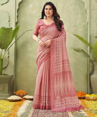 salmon beautiful designer ikkat printed jute linen saree 1