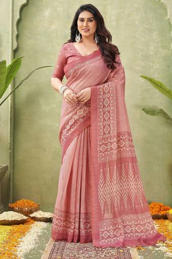 salmon beautiful designer ikkat printed jute linen saree
