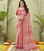 salmon beautiful designer ikkat printed jute linen saree