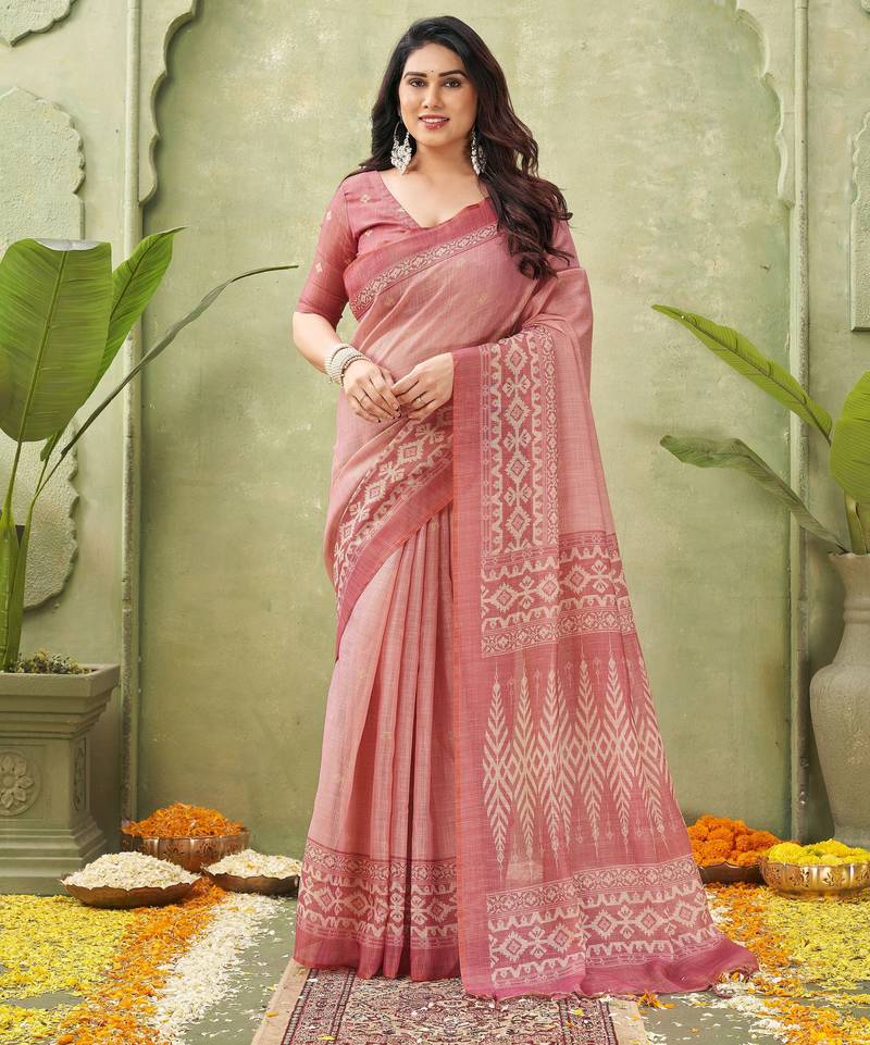 salmon beautiful designer ikkat printed jute linen saree