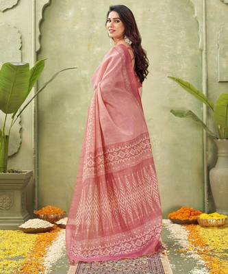 salmon beautiful designer ikkat printed jute linen saree 2