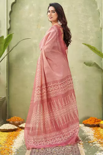 salmon beautiful designer ikkat printed jute linen saree