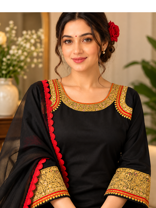 black color thread  work rayon kashmiri style salwar kameez set 1