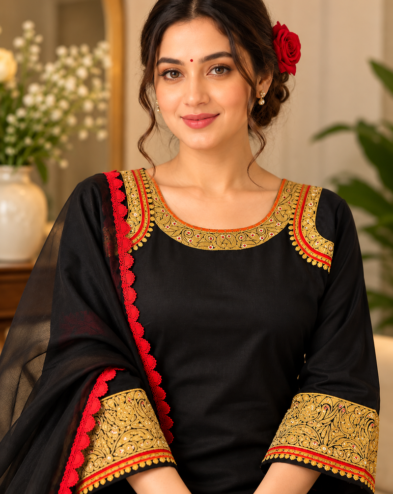 black color thread  work rayon kashmiri style salwar kameez set