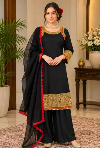black color thread  work rayon kashmiri style salwar kameez set