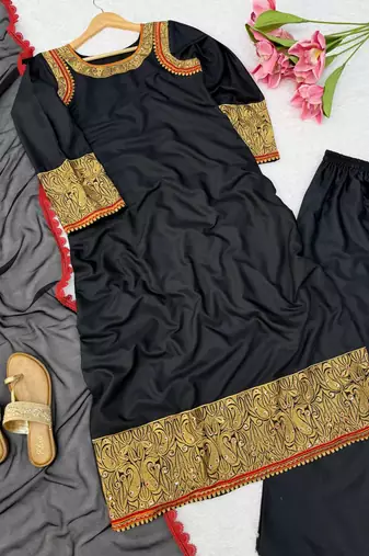 black color thread  work rayon kashmiri style salwar kameez set