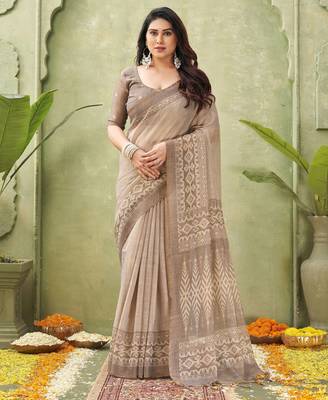 grey beautiful designer ikkat printed jute linen saree 1