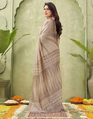 grey beautiful designer ikkat printed jute linen saree 2