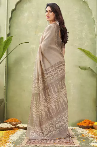 grey beautiful designer ikkat printed jute linen saree