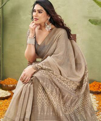 grey beautiful designer ikkat printed jute linen saree 3
