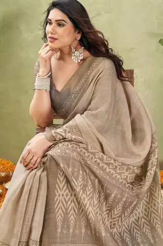 grey beautiful designer ikkat printed jute linen saree