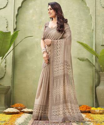 grey beautiful designer ikkat printed jute linen saree 4