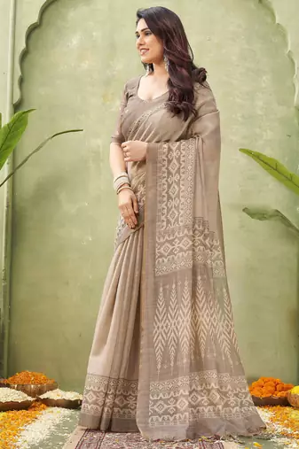 grey beautiful designer ikkat printed jute linen saree