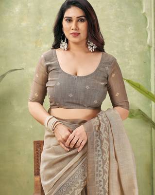 grey beautiful designer ikkat printed jute linen saree 5