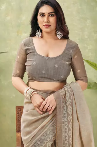 grey beautiful designer ikkat printed jute linen saree