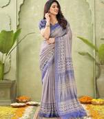 blue beautiful designer ikkat printed jute linen saree