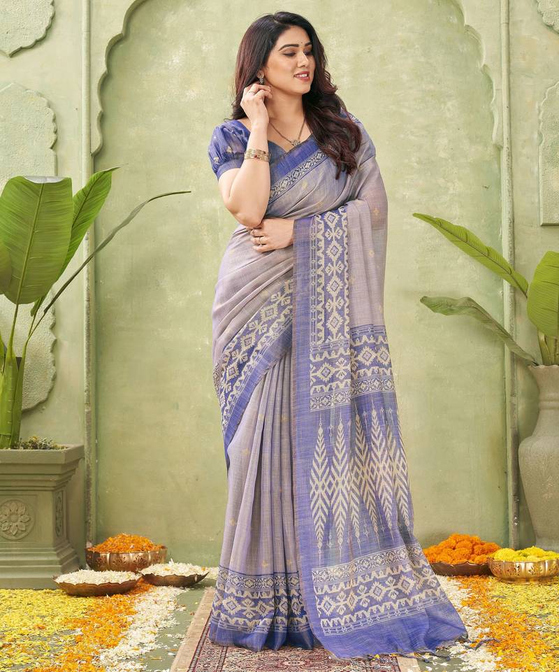 blue beautiful designer ikkat printed jute linen saree