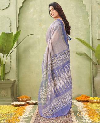 blue beautiful designer ikkat printed jute linen saree 2