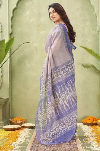 blue beautiful designer ikkat printed jute linen saree