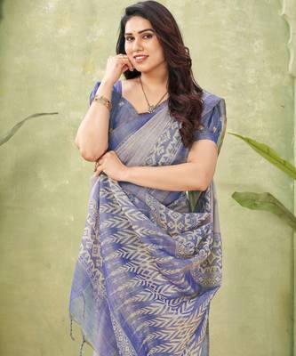 blue beautiful designer ikkat printed jute linen saree 3