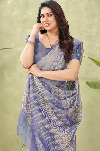 blue beautiful designer ikkat printed jute linen saree