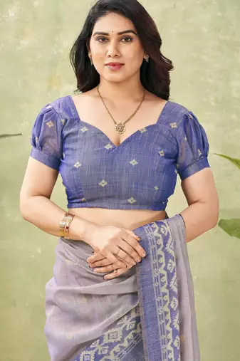 blue beautiful designer ikkat printed jute linen saree