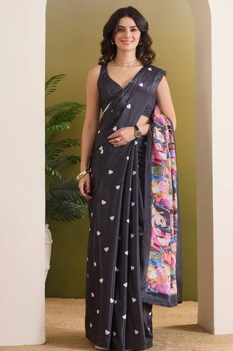 black smart and ethnic satin fabric girlie ready to wear ceremonial saree