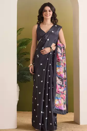 black smart and ethnic satin fabric girlie ready to wear ceremonial saree