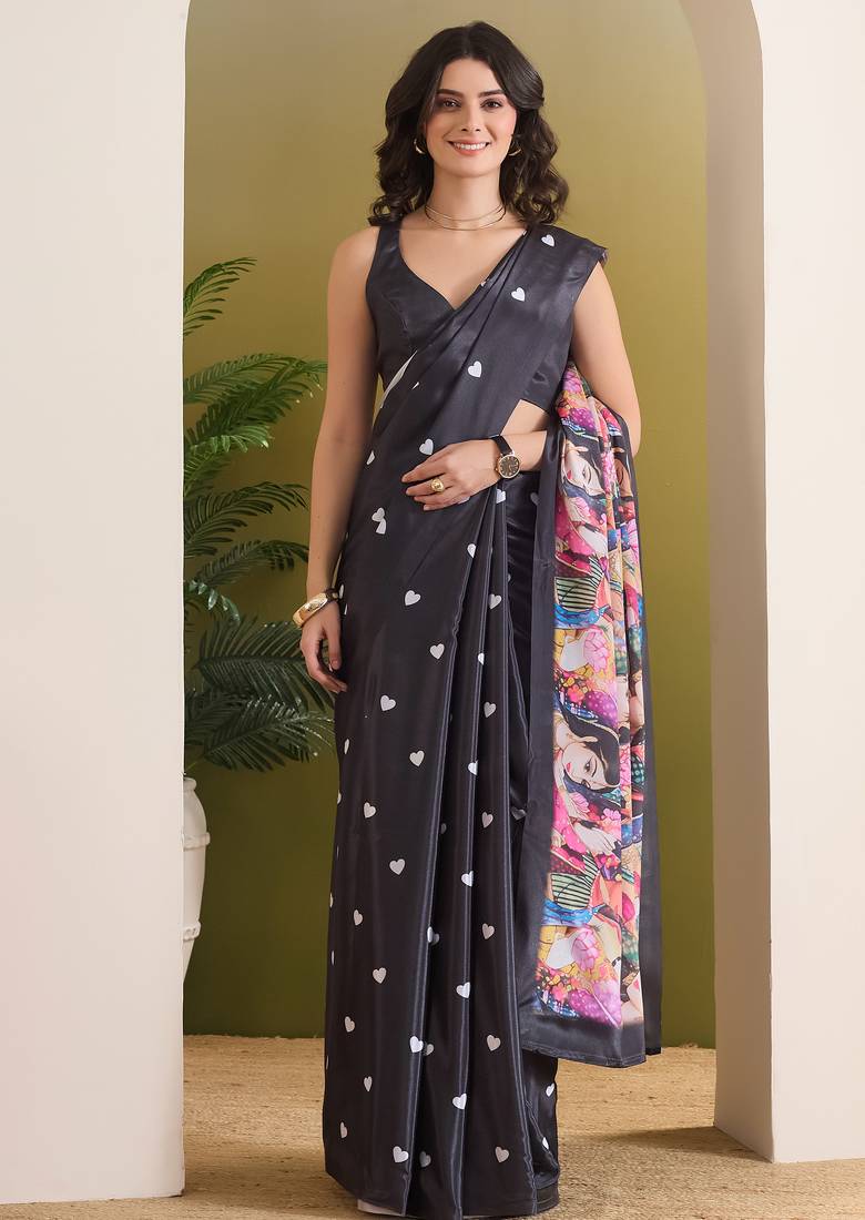 black smart and ethnic satin fabric girlie ready to wear ceremonial saree