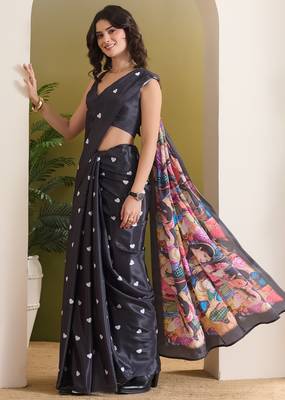black smart and ethnic satin fabric girlie ready to wear ceremonial saree 4