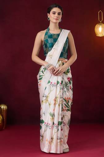 white smart and ethnic satin fabric girlie ready to wear ceremonial saree