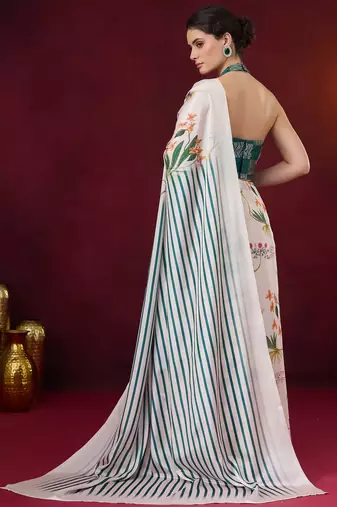 white smart and ethnic satin fabric girlie ready to wear ceremonial saree
