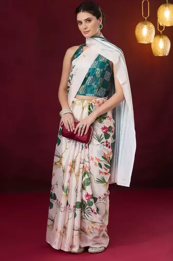 white smart and ethnic satin fabric girlie ready to wear ceremonial saree