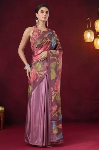 wine smart and ethnic satin fabric girlie ready to wear ceremonial saree