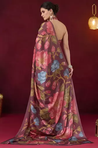 wine smart and ethnic satin fabric girlie ready to wear ceremonial saree