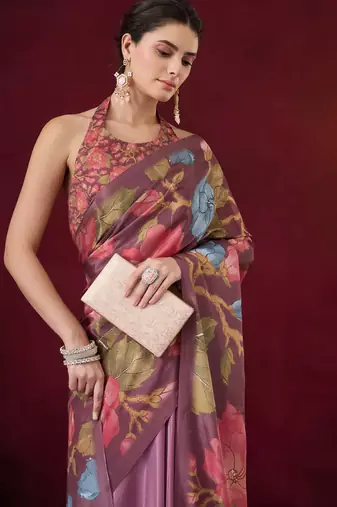 wine smart and ethnic satin fabric girlie ready to wear ceremonial saree